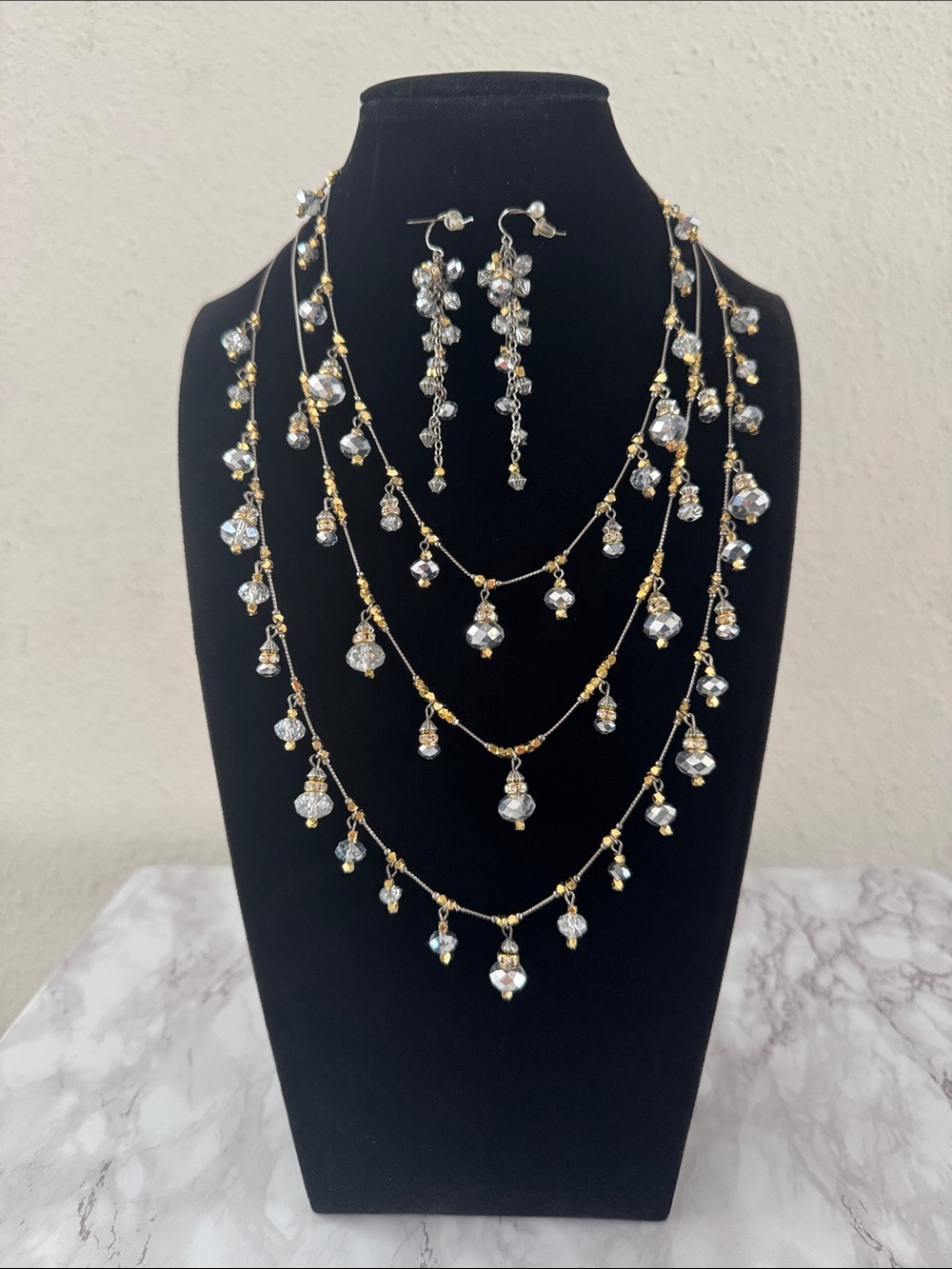 Mixed Metal & Crystal Multi-Layer Necklace & Earrings 3 Piece Set